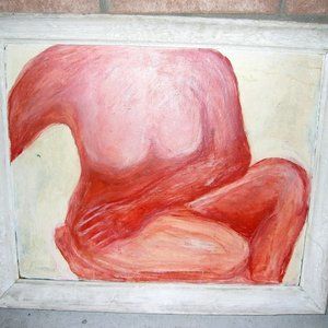 PAINTING OF A WOMAN  OIL ON WOOD  ORANGE BASE  WHITEWASH FRAME  UNKNOWN AUTHOR